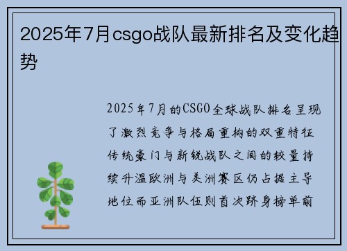 2025年7月csgo战队最新排名及变化趋势